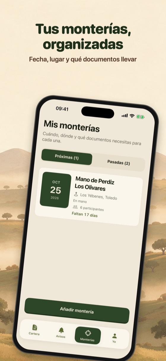 Pantalla de monterías de CAZZAP con una montería próxima, su fecha, el lugar y los días que faltan