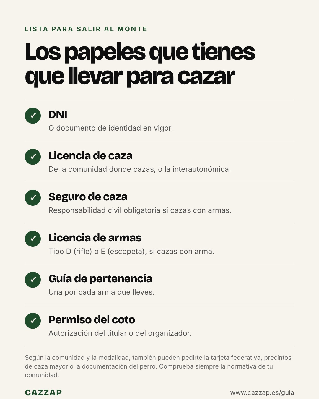 Lista de los papeles que hay que llevar para cazar en España: DNI, licencia de caza, seguro de caza obligatorio, licencia de armas D o E, guía de pertenencia y permiso del coto